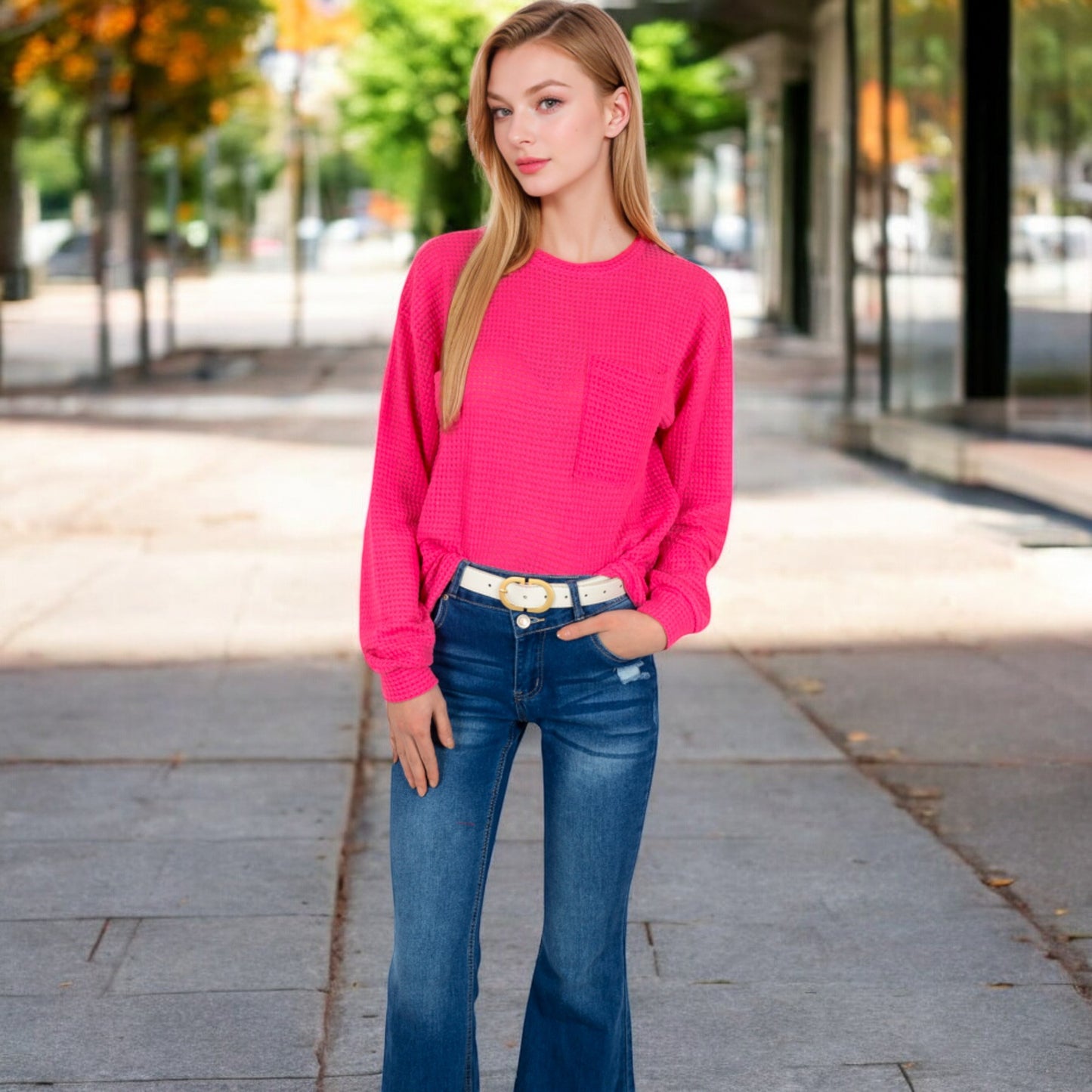 Anna-Kaci Women's Long Sleeve Waffle Knit Top with Front Pocket Detail