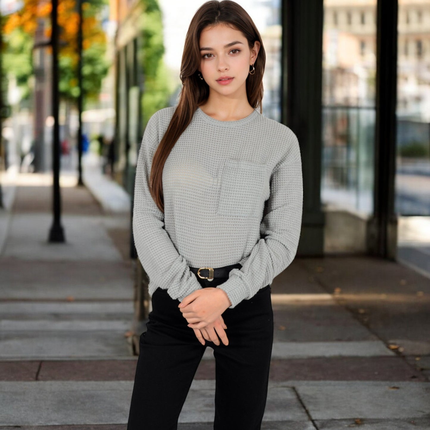 Anna-Kaci Women's Long Sleeve Waffle Knit Top with Front Pocket Detail