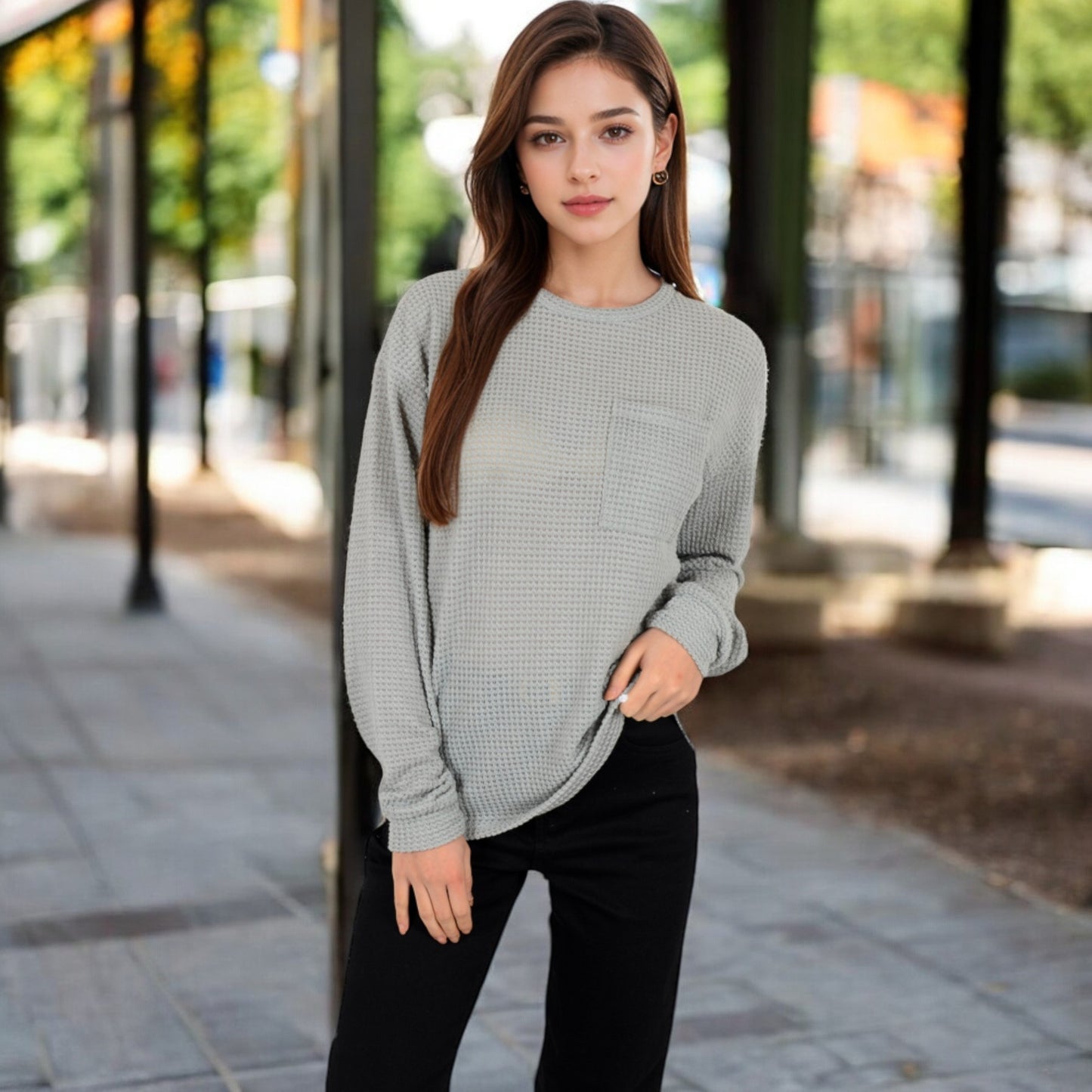Anna-Kaci Women's Long Sleeve Waffle Knit Top with Front Pocket Detail