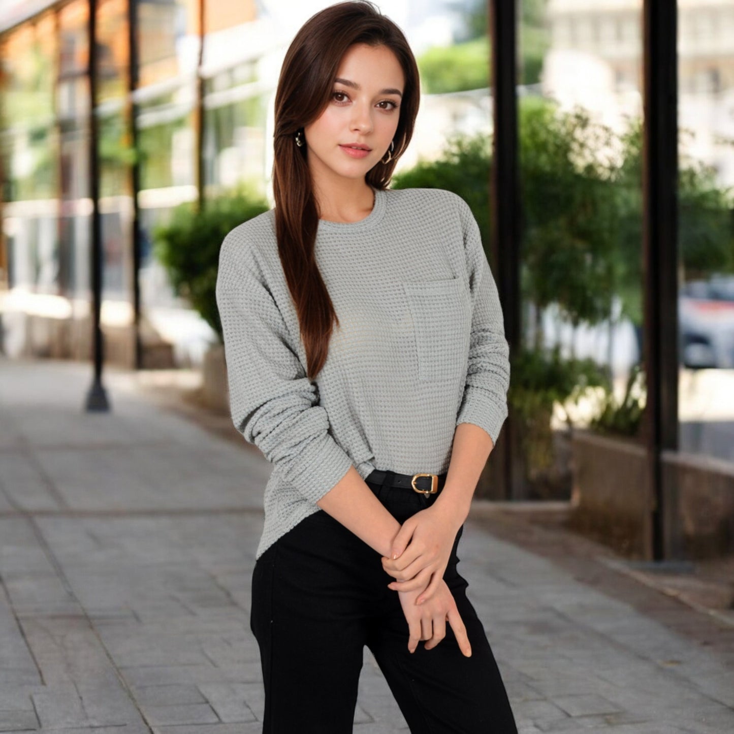Anna-Kaci Women's Long Sleeve Waffle Knit Top with Front Pocket Detail