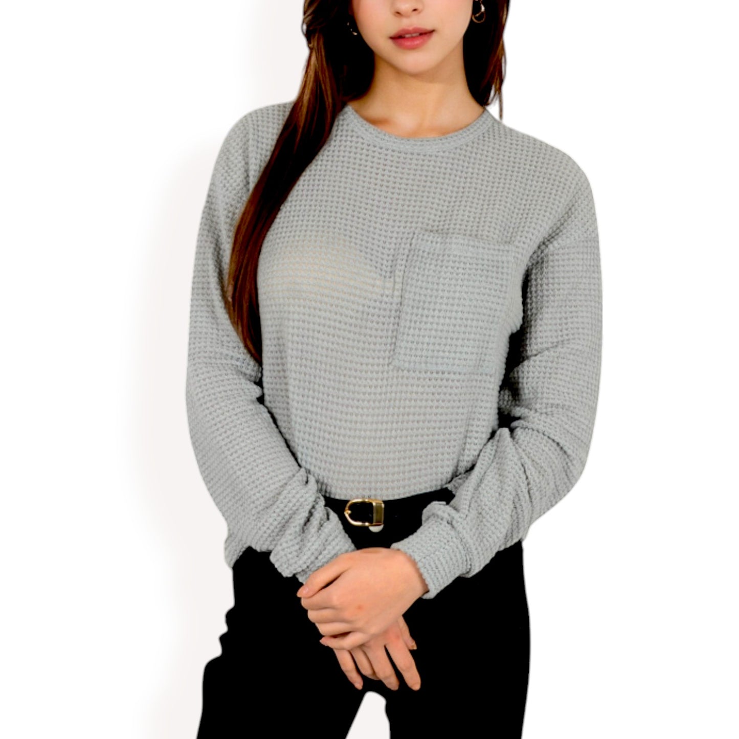 Anna-Kaci Women's Long Sleeve Waffle Knit Top with Front Pocket Detail