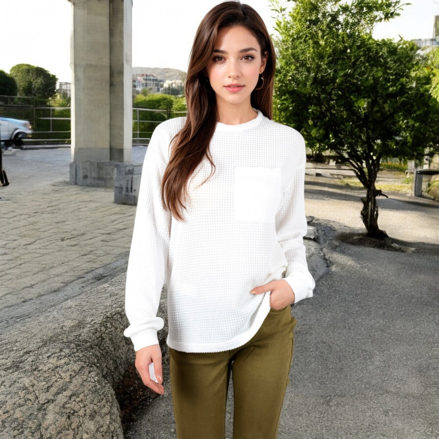 Anna-Kaci Women's Long Sleeve Waffle Knit Top with Front Pocket Detail