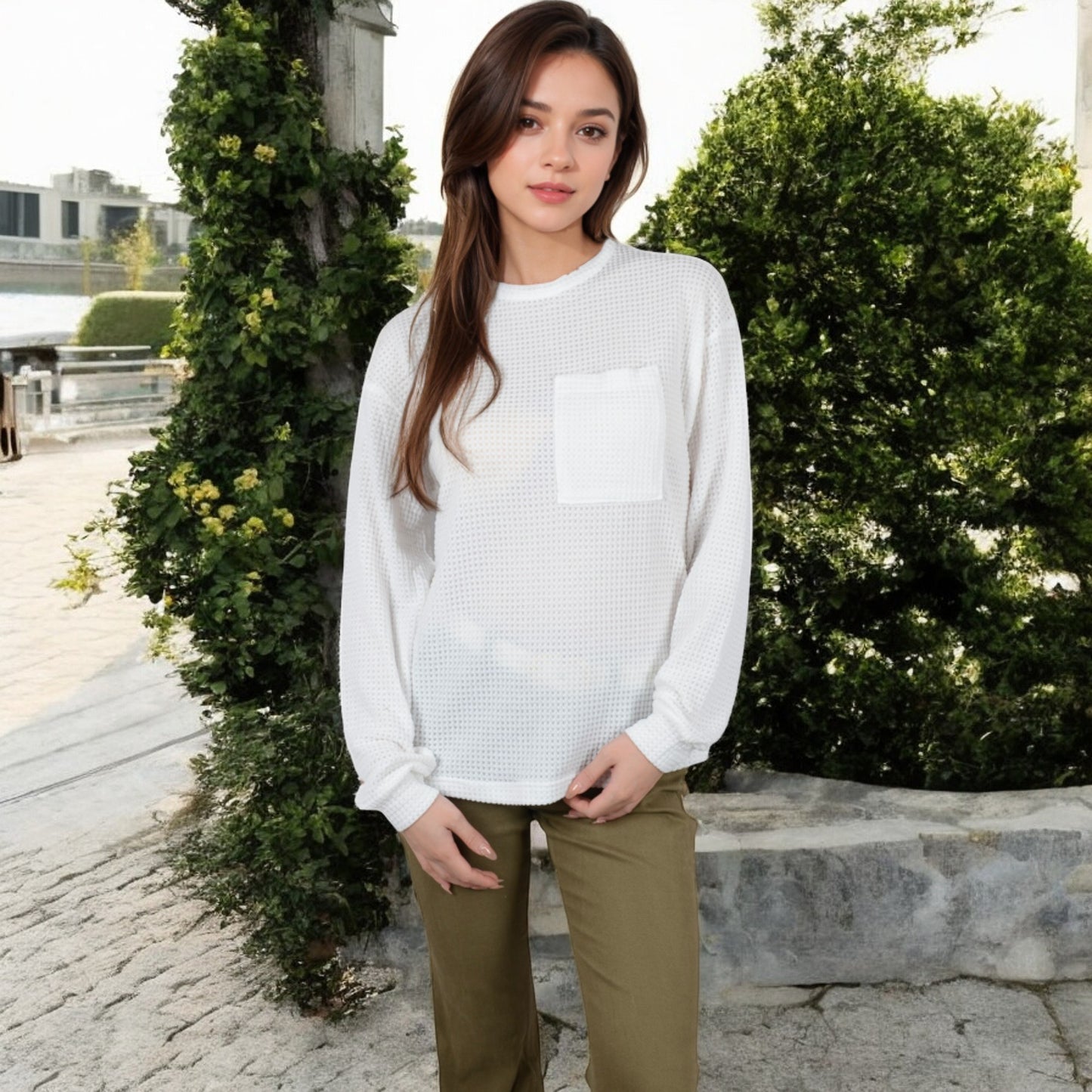 Anna-Kaci Women's Long Sleeve Waffle Knit Top with Front Pocket Detail