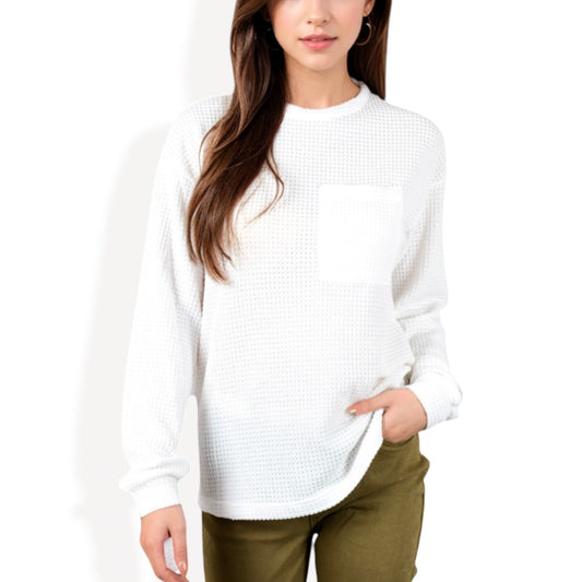 Anna-Kaci Women's Long Sleeve Waffle Knit Top with Front Pocket Detail