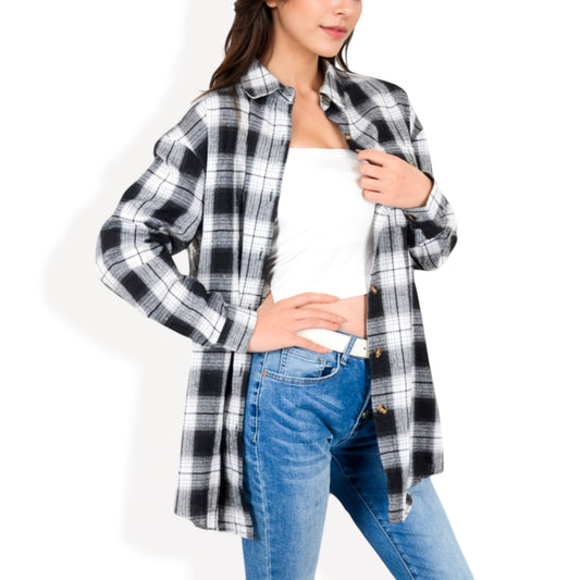 Anna-Kaci Women's Long Sleeve Plaid Button-Up Shirt Jacket with Collared Neckline