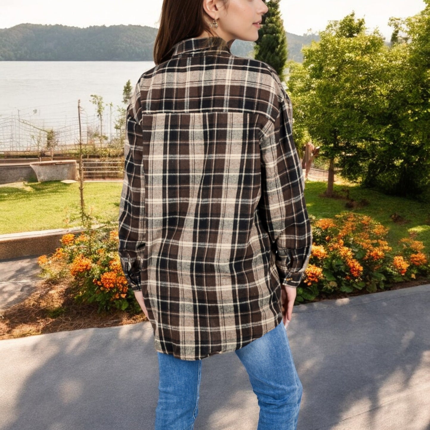 Anna-Kaci Women's Long Sleeve Plaid Button-Up Shirt Jacket with Collared Neckline