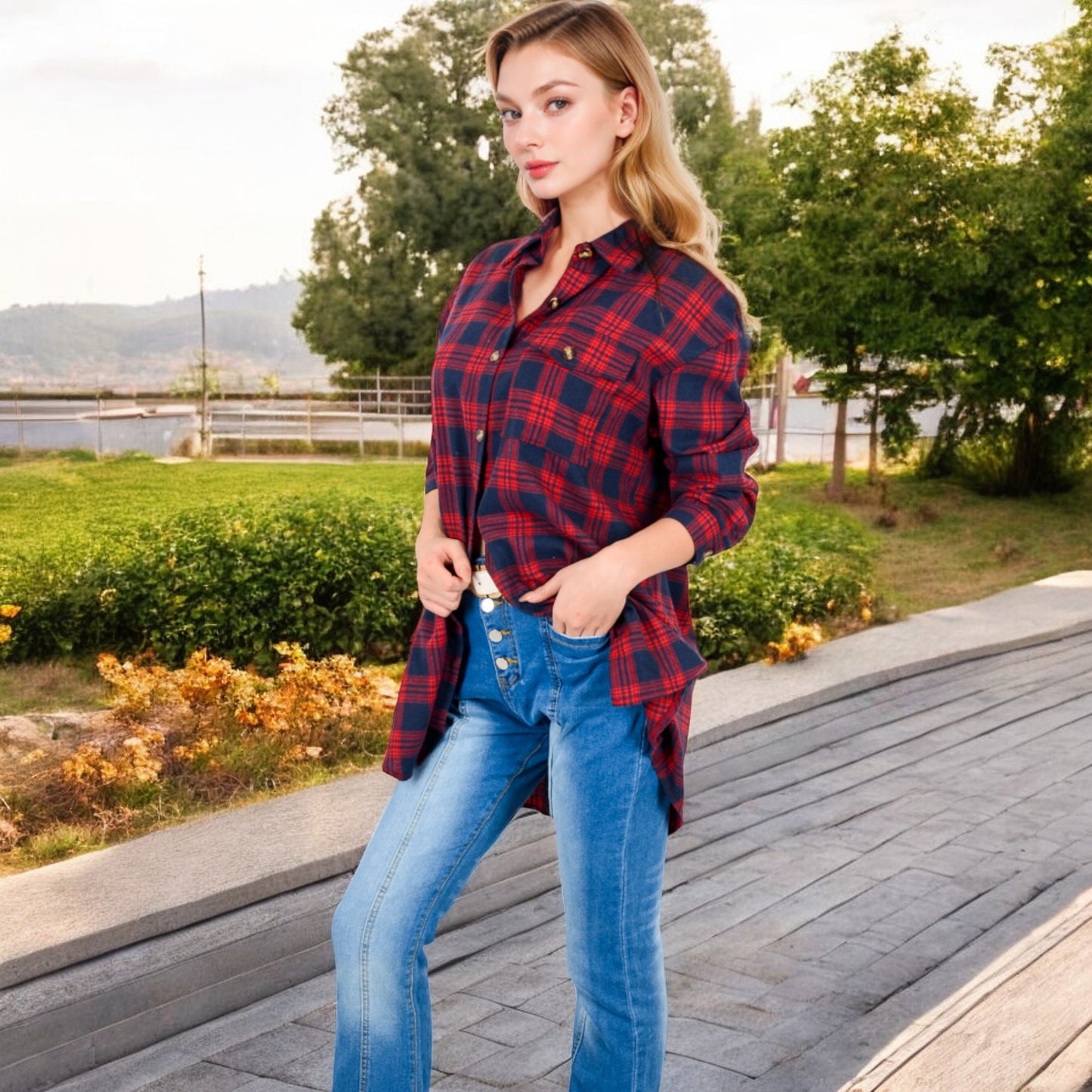 Anna-Kaci Women's Long Sleeve Plaid Button-Up Shirt Jacket with Collared Neckline