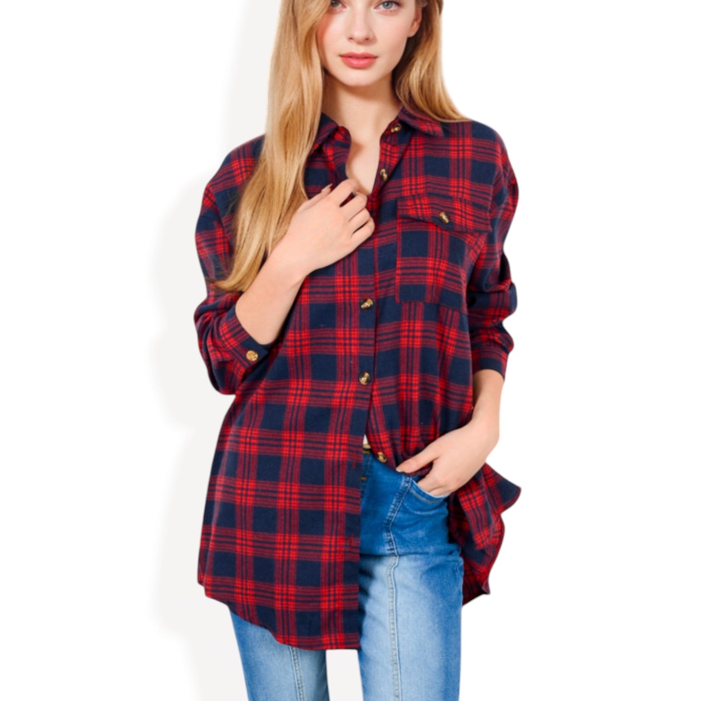 Anna-Kaci Women's Long Sleeve Plaid Button-Up Shirt Jacket with Collared Neckline