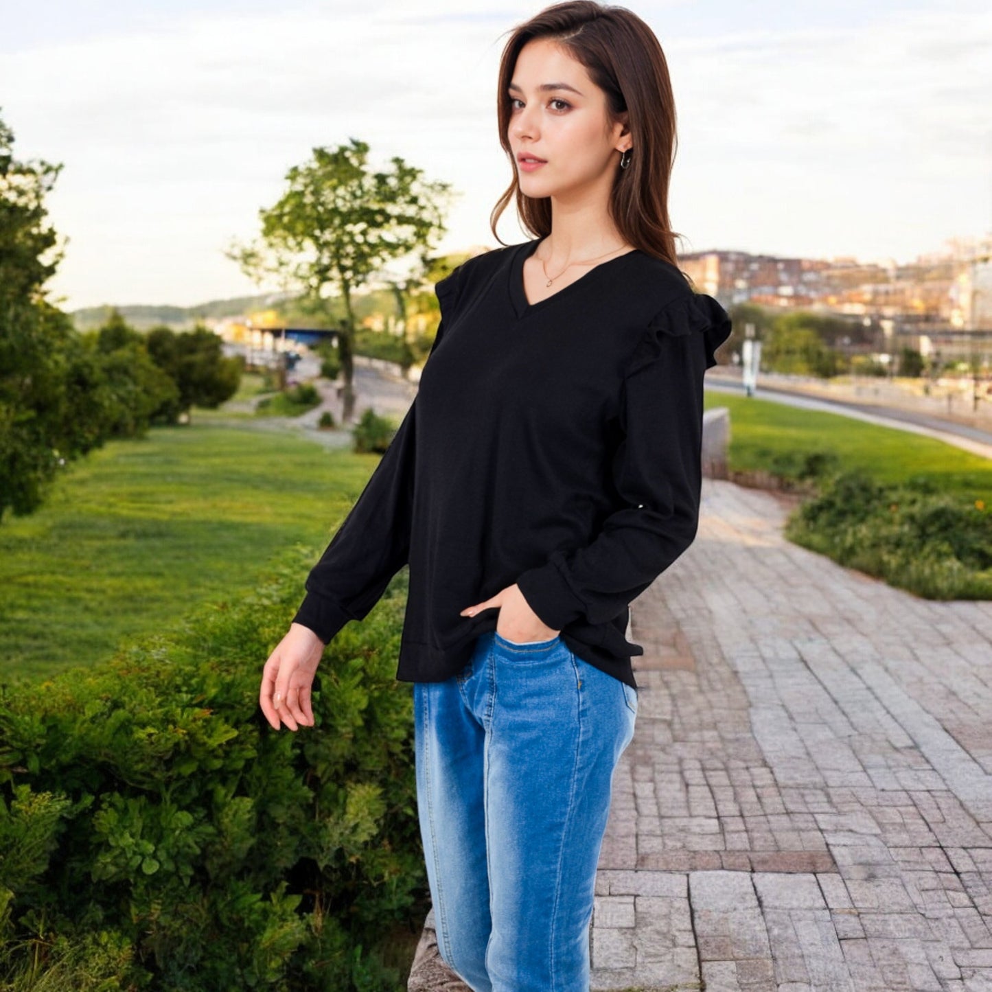 Anna-Kaci Women's Long Sleeve V-Neck Top with Ruffled Shoulder Detail
