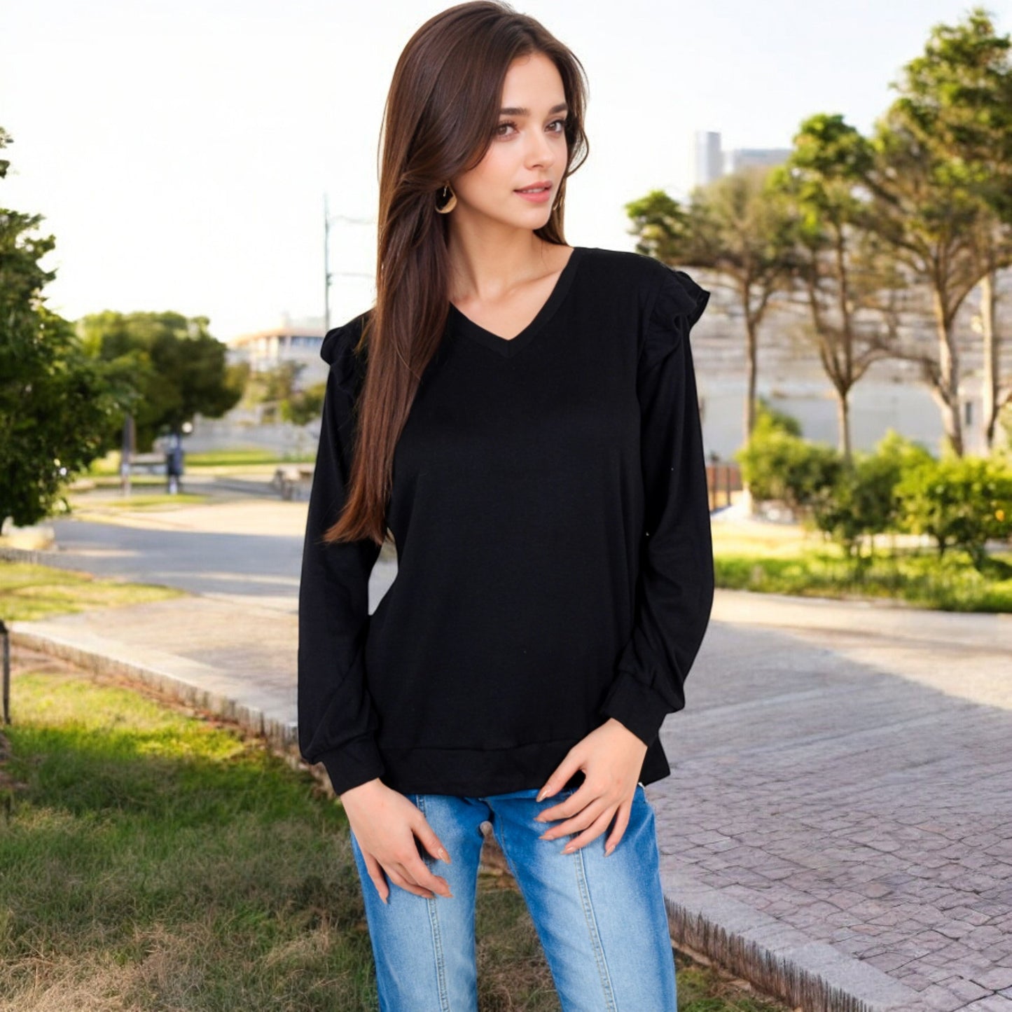 Anna-Kaci Women's Long Sleeve V-Neck Top with Ruffled Shoulder Detail