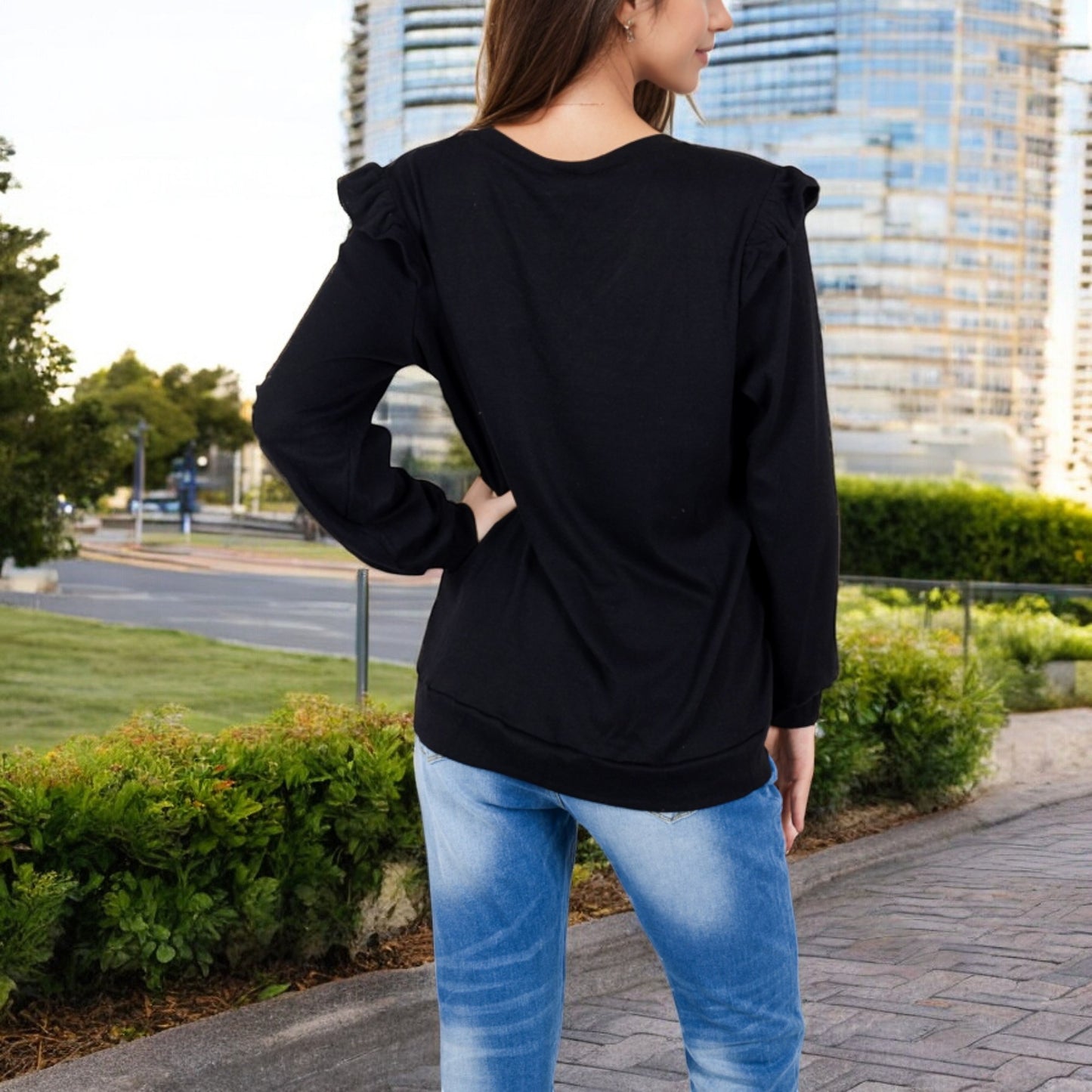 Anna-Kaci Women's Long Sleeve V-Neck Top with Ruffled Shoulder Detail