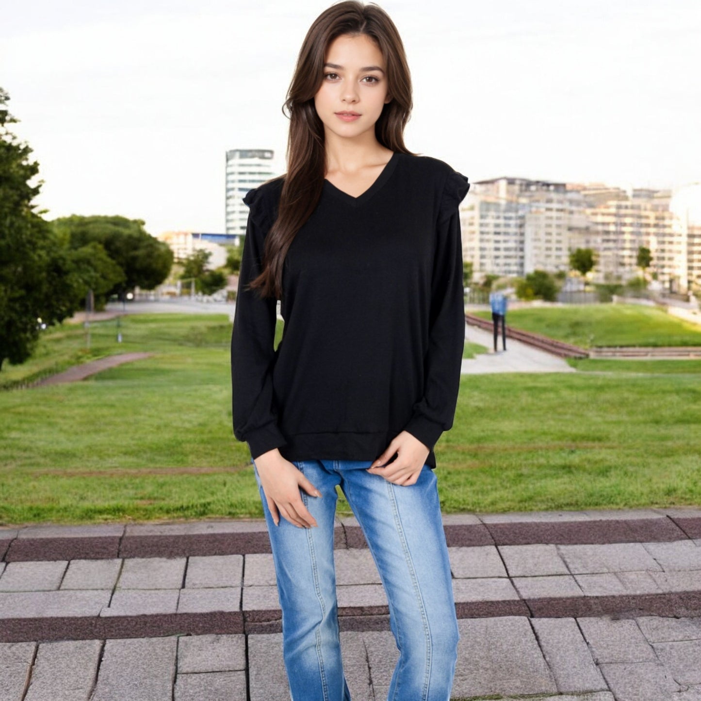 Anna-Kaci Women's Long Sleeve V-Neck Top with Ruffled Shoulder Detail