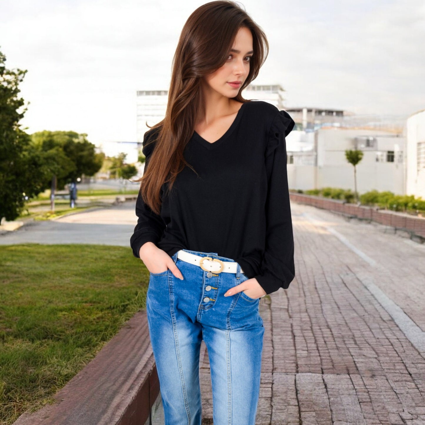 Anna-Kaci Women's Long Sleeve V-Neck Top with Ruffled Shoulder Detail