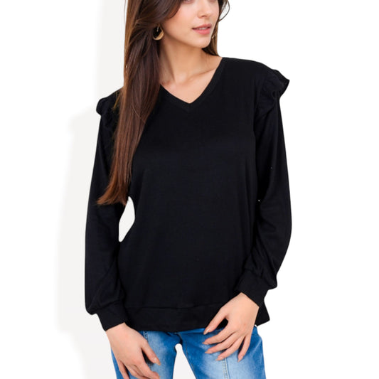 Anna-Kaci Women's Long Sleeve V-Neck Top with Ruffled Shoulder Detail