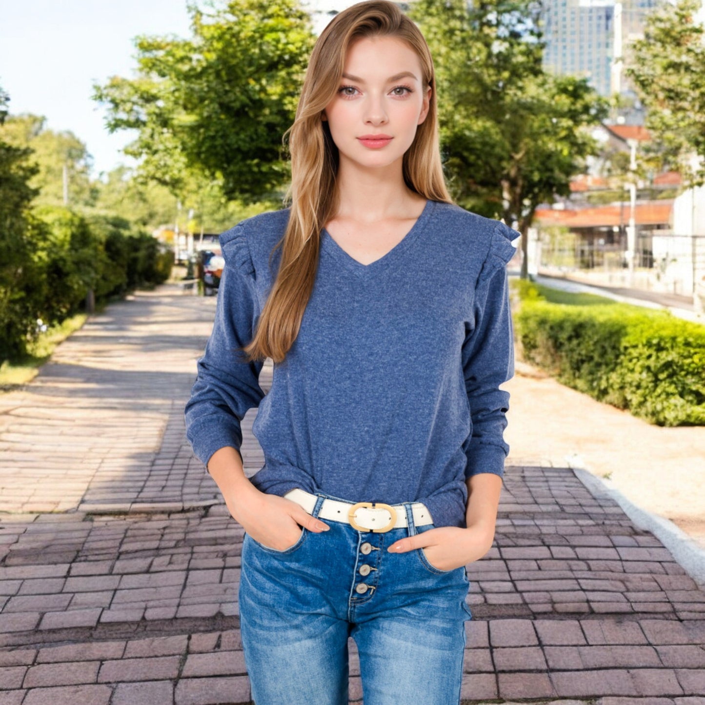 Anna-Kaci Women's Long Sleeve V-Neck Top with Ruffled Shoulder Detail