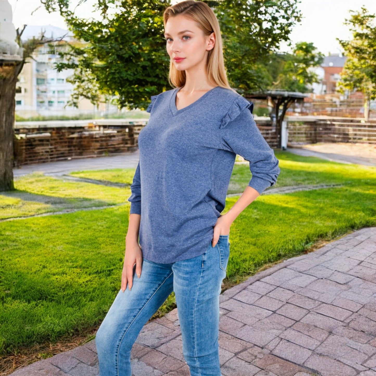 Anna-Kaci Women's Long Sleeve V-Neck Top with Ruffled Shoulder Detail