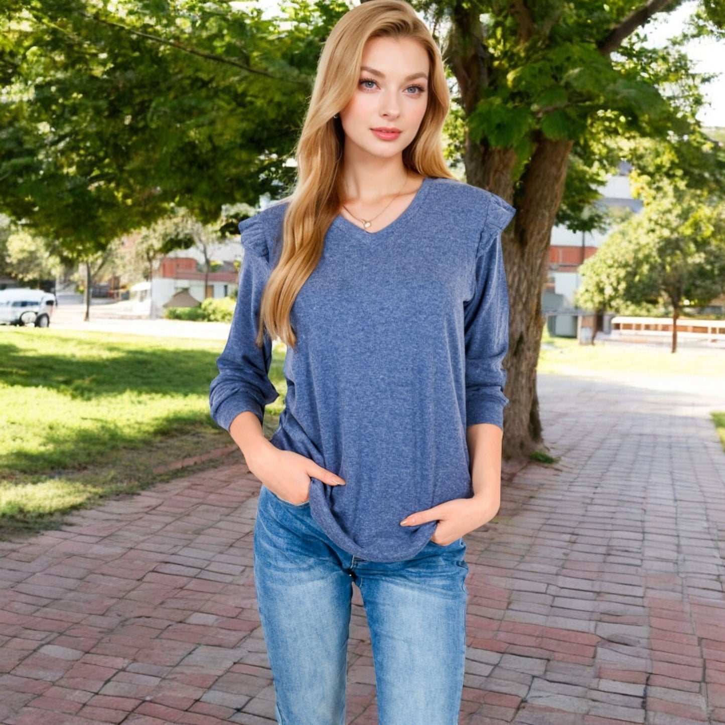 Anna-Kaci Women's Long Sleeve V-Neck Top with Ruffled Shoulder Detail