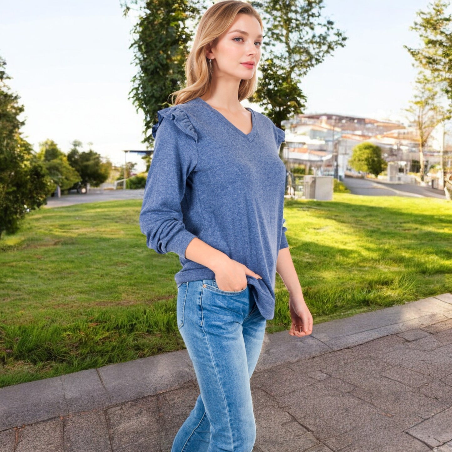 Anna-Kaci Women's Long Sleeve V-Neck Top with Ruffled Shoulder Detail