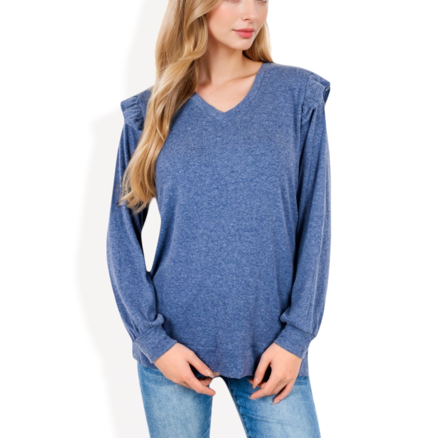 Anna-Kaci Women's Long Sleeve V-Neck Top with Ruffled Shoulder Detail