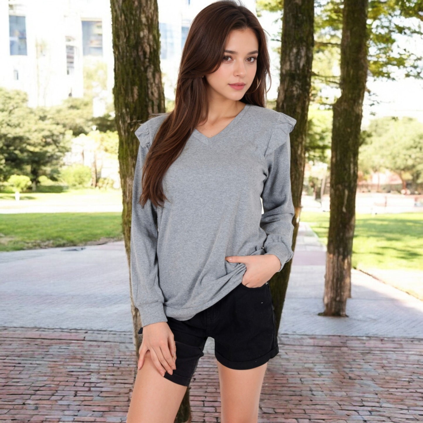Anna-Kaci Women's Long Sleeve V-Neck Top with Ruffled Shoulder Detail