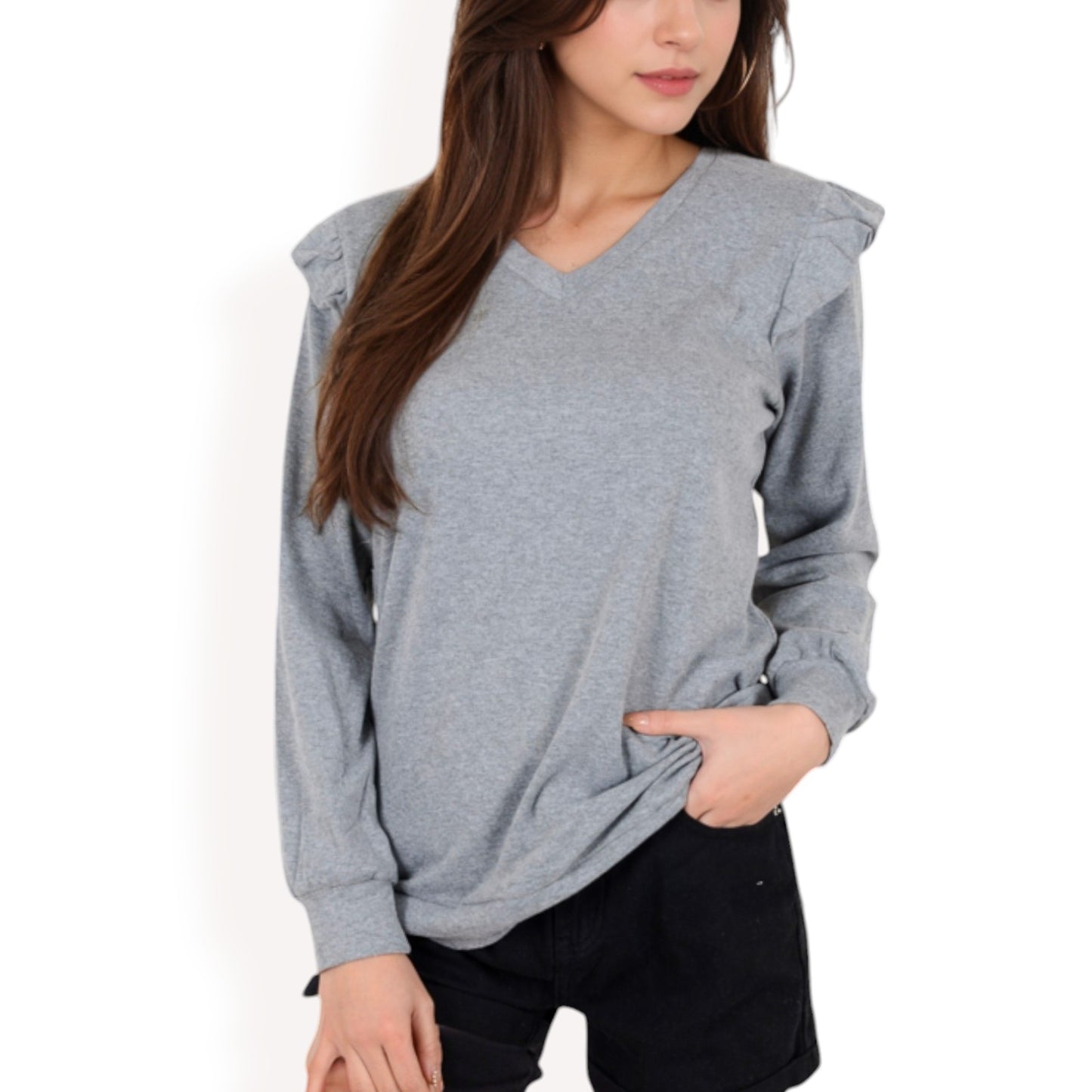 Anna-Kaci Women's Long Sleeve V-Neck Top with Ruffled Shoulder Detail