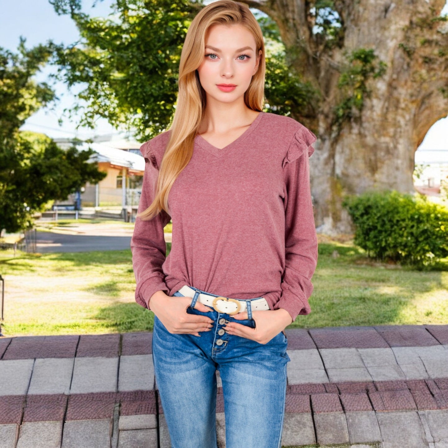 Anna-Kaci Women's Long Sleeve V-Neck Top with Ruffled Shoulder Detail