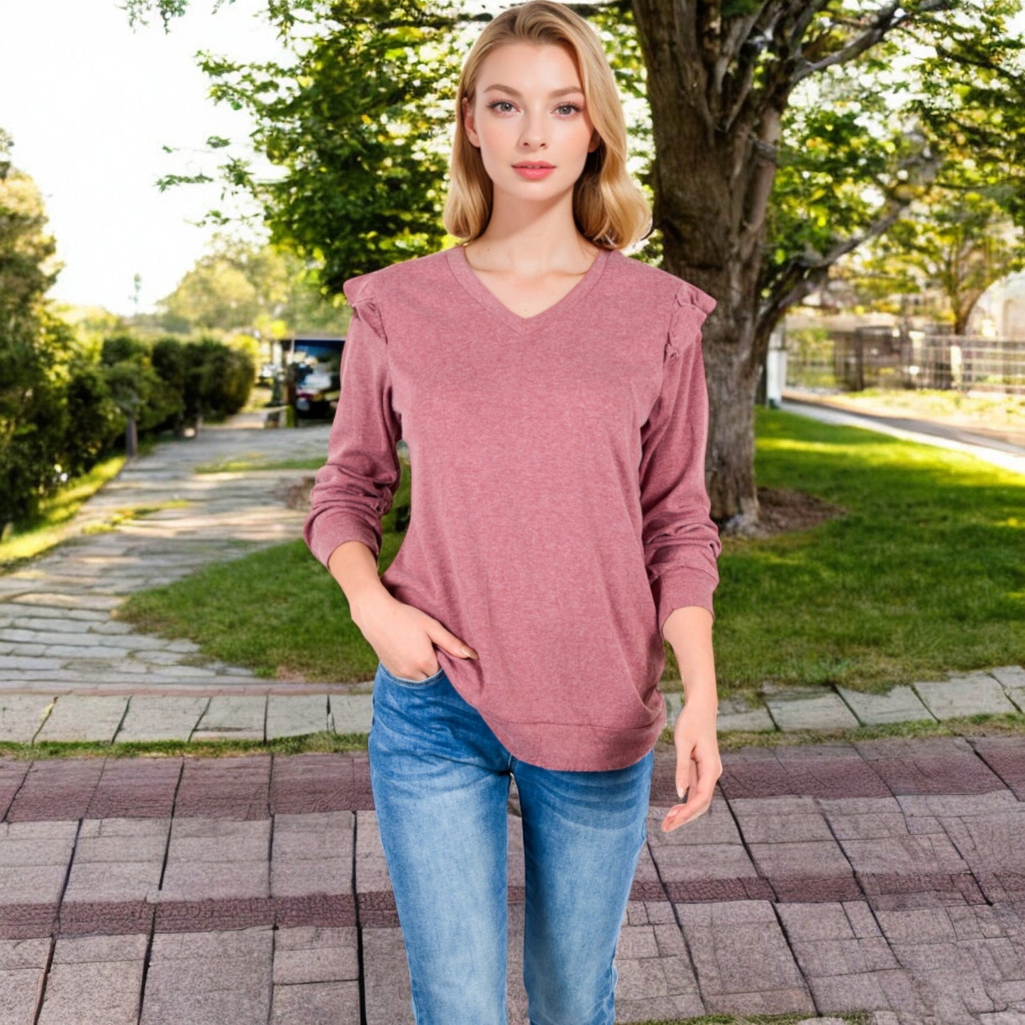 Anna-Kaci Women's Long Sleeve V-Neck Top with Ruffled Shoulder Detail