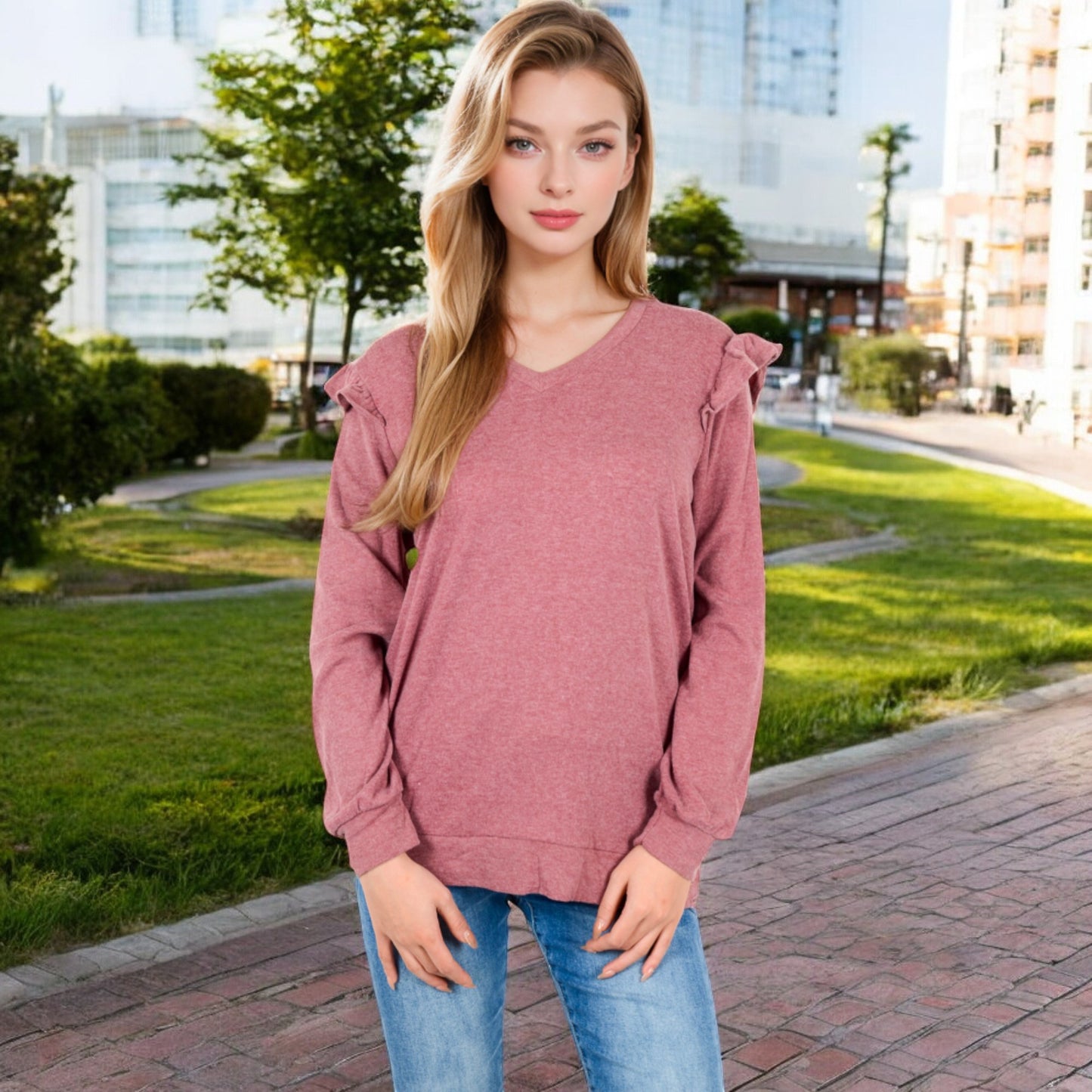 Anna-Kaci Women's Long Sleeve V-Neck Top with Ruffled Shoulder Detail