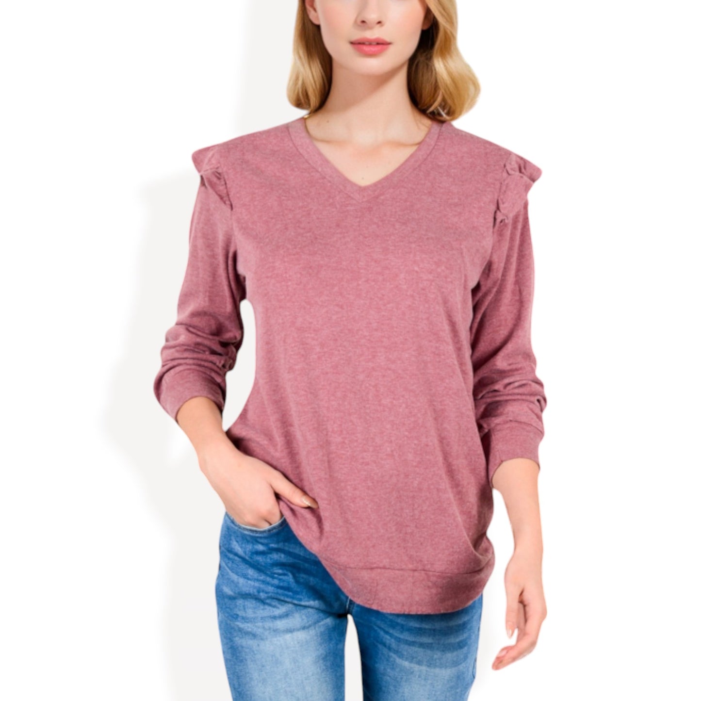 Anna-Kaci Women's Long Sleeve V-Neck Top with Ruffled Shoulder Detail