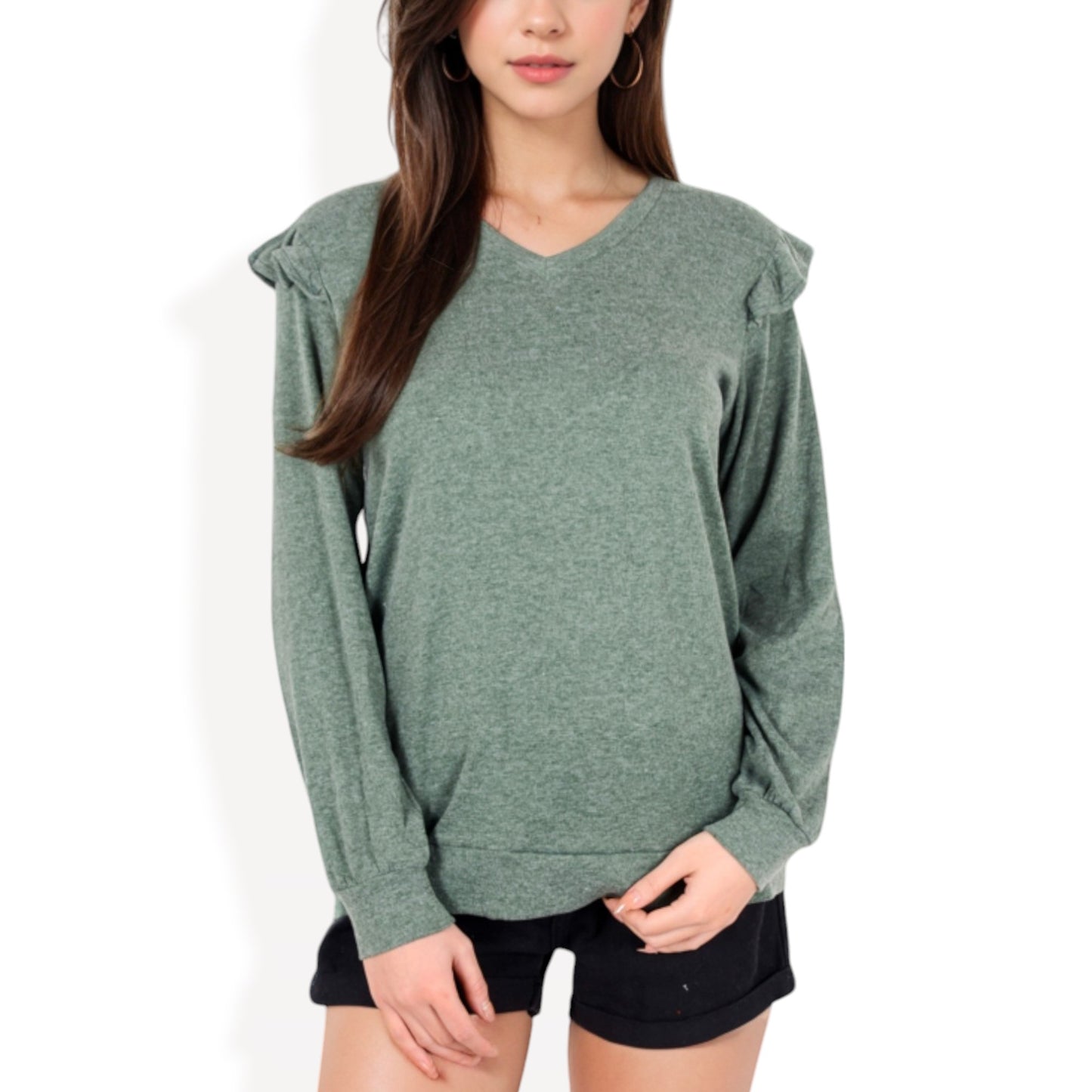 Anna-Kaci Women's Long Sleeve V-Neck Top with Ruffled Shoulder Detail