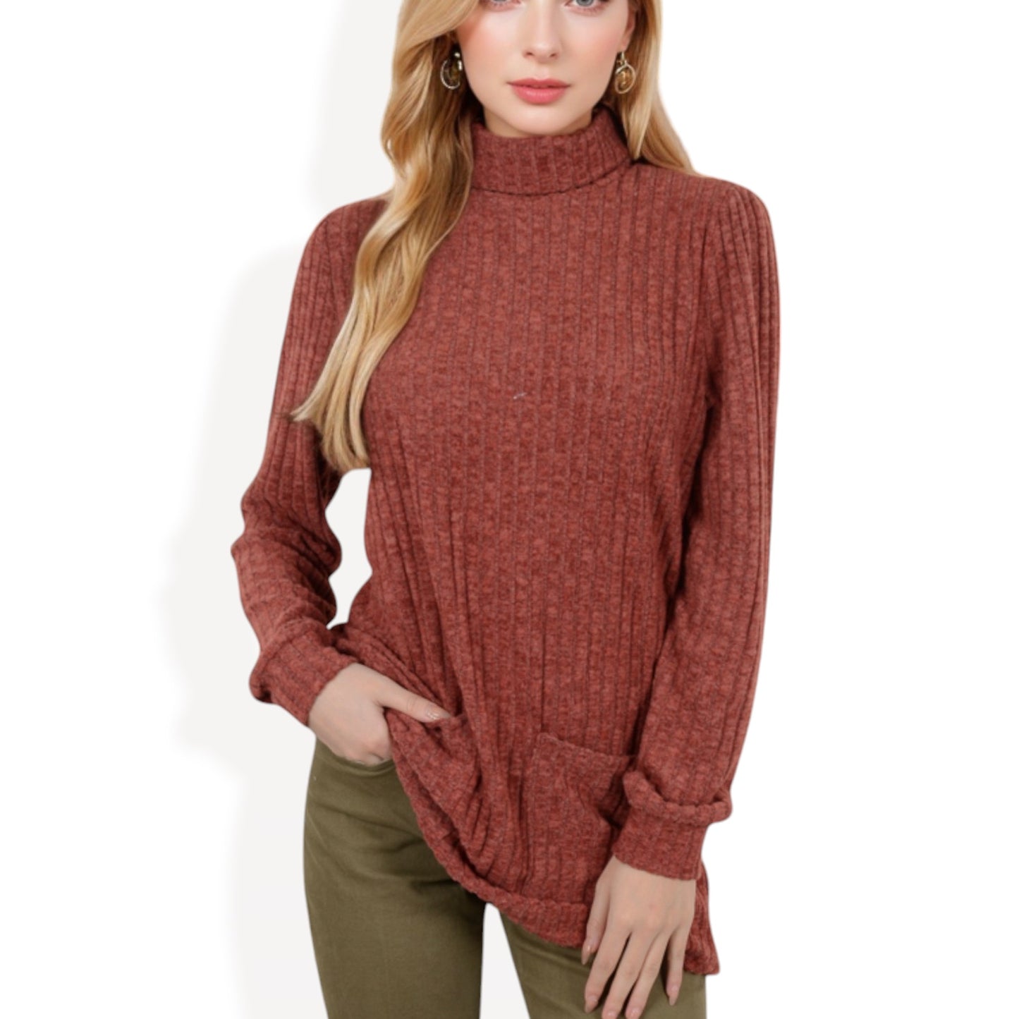 Anna-Kaci Women's Mock Neck Long Sleeve Ribbed Knit Tunic with Front Pockets
