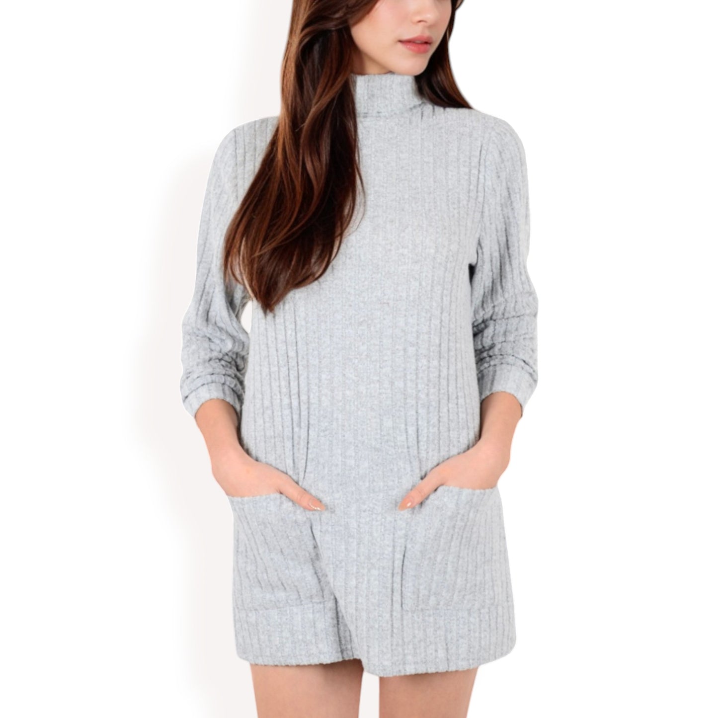 Anna-Kaci Women's Mock Neck Long Sleeve Ribbed Knit Tunic with Front Pockets