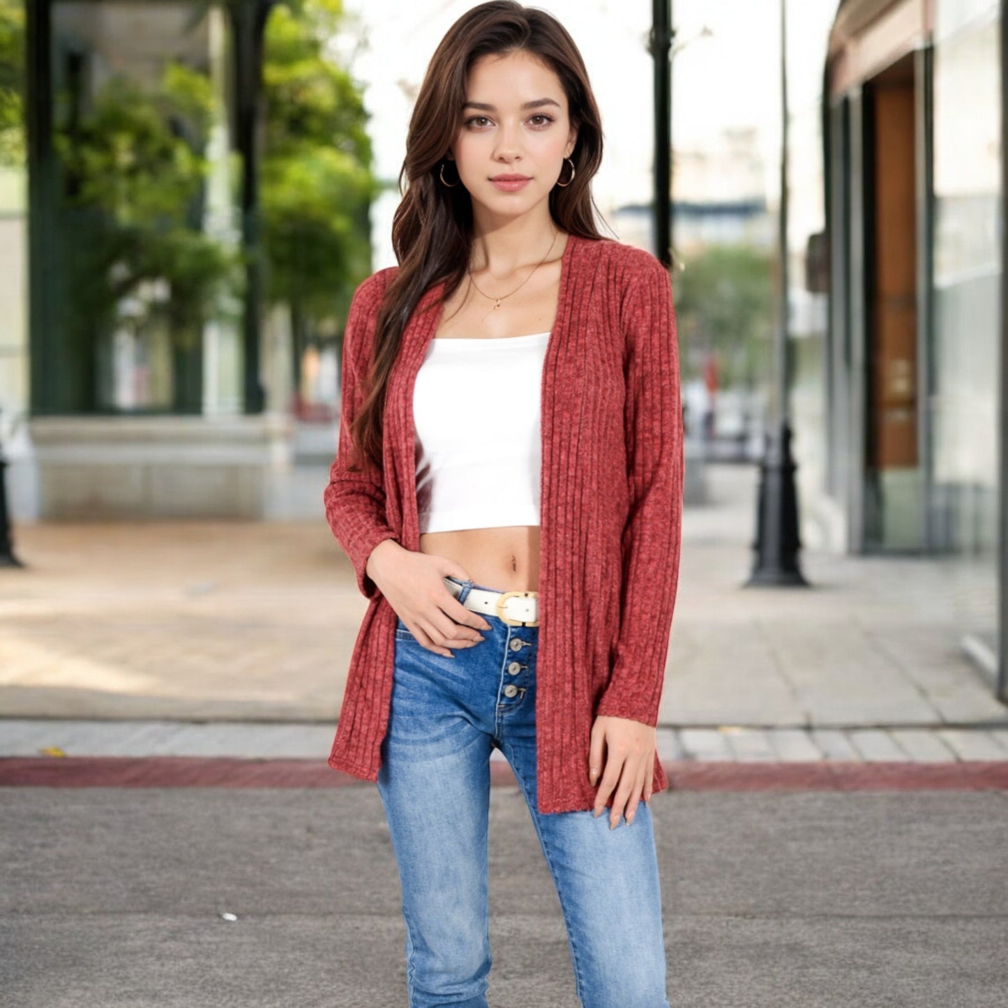Anna-Kaci Women's Ribbed Open Front Cardigan with Long Sleeves and Side Pockets
