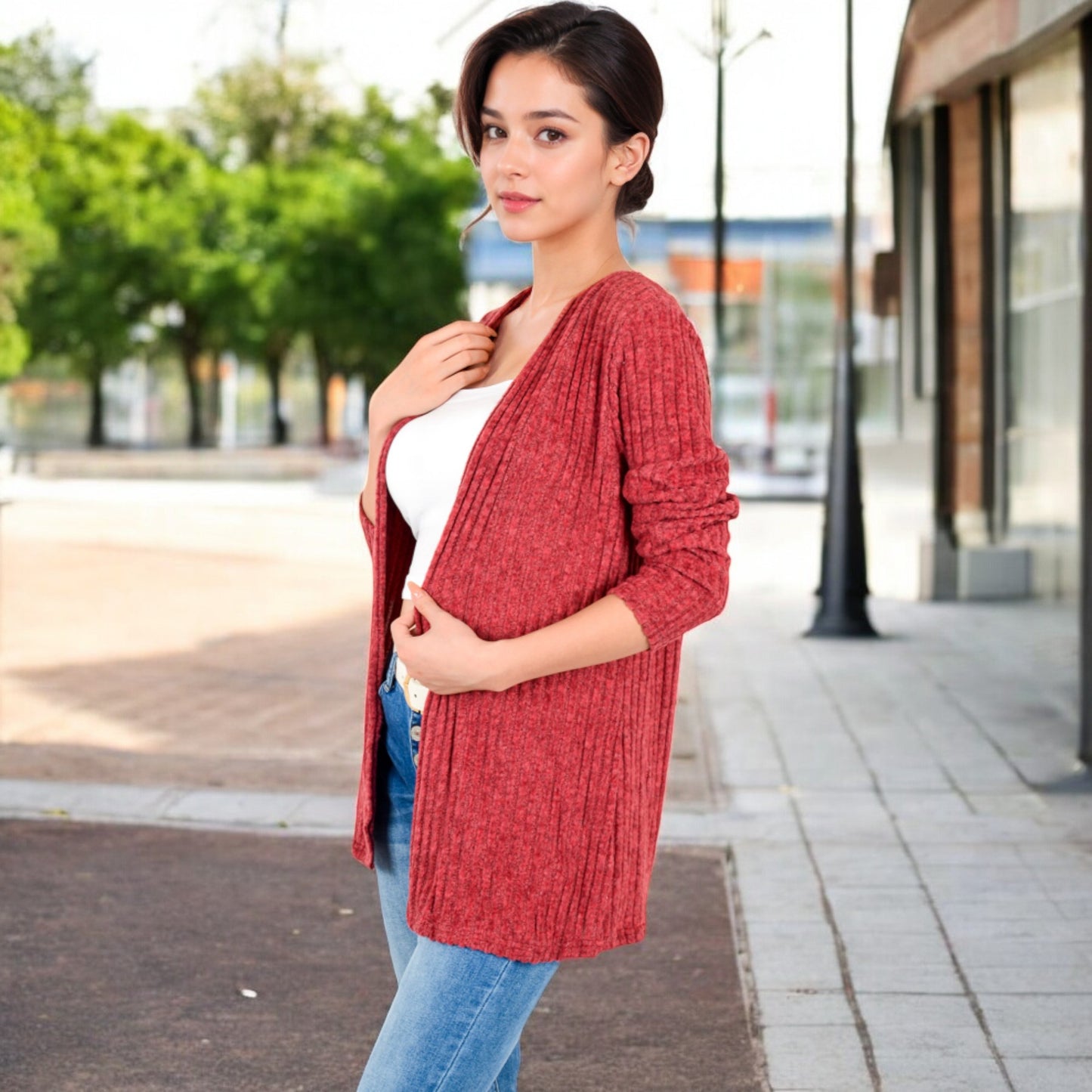 Anna-Kaci Women's Ribbed Open Front Cardigan with Long Sleeves and Side Pockets