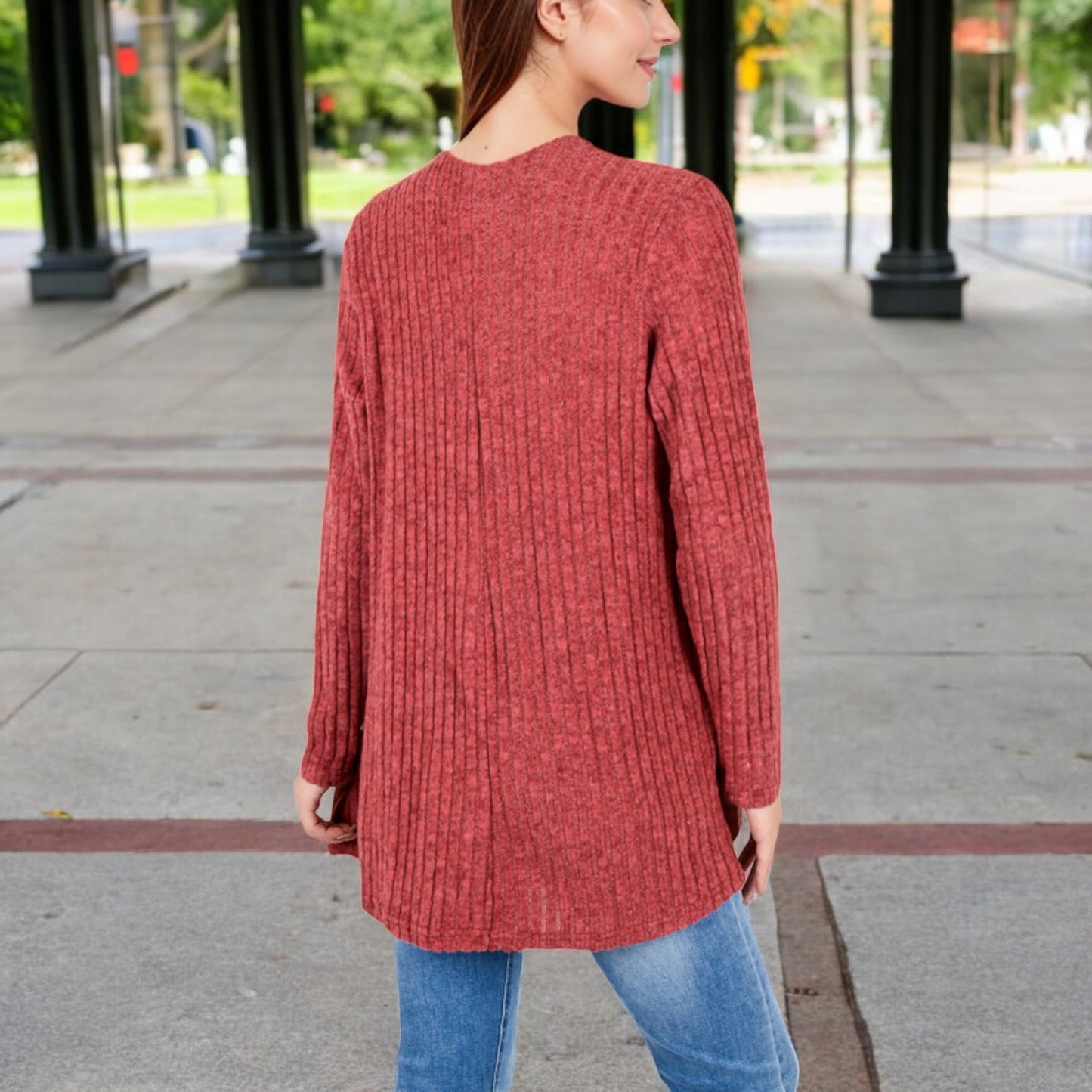 Anna-Kaci Women's Ribbed Open Front Cardigan with Long Sleeves and Side Pockets