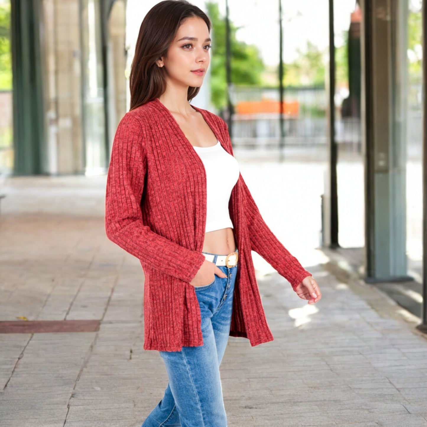 Anna-Kaci Women's Ribbed Open Front Cardigan with Long Sleeves and Side Pockets