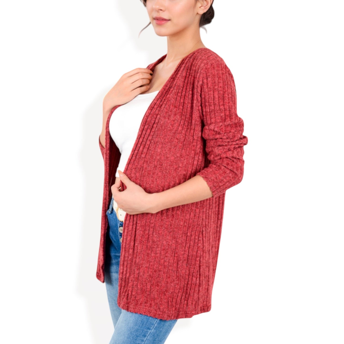 Anna-Kaci Women's Ribbed Open Front Cardigan with Long Sleeves and Side Pockets