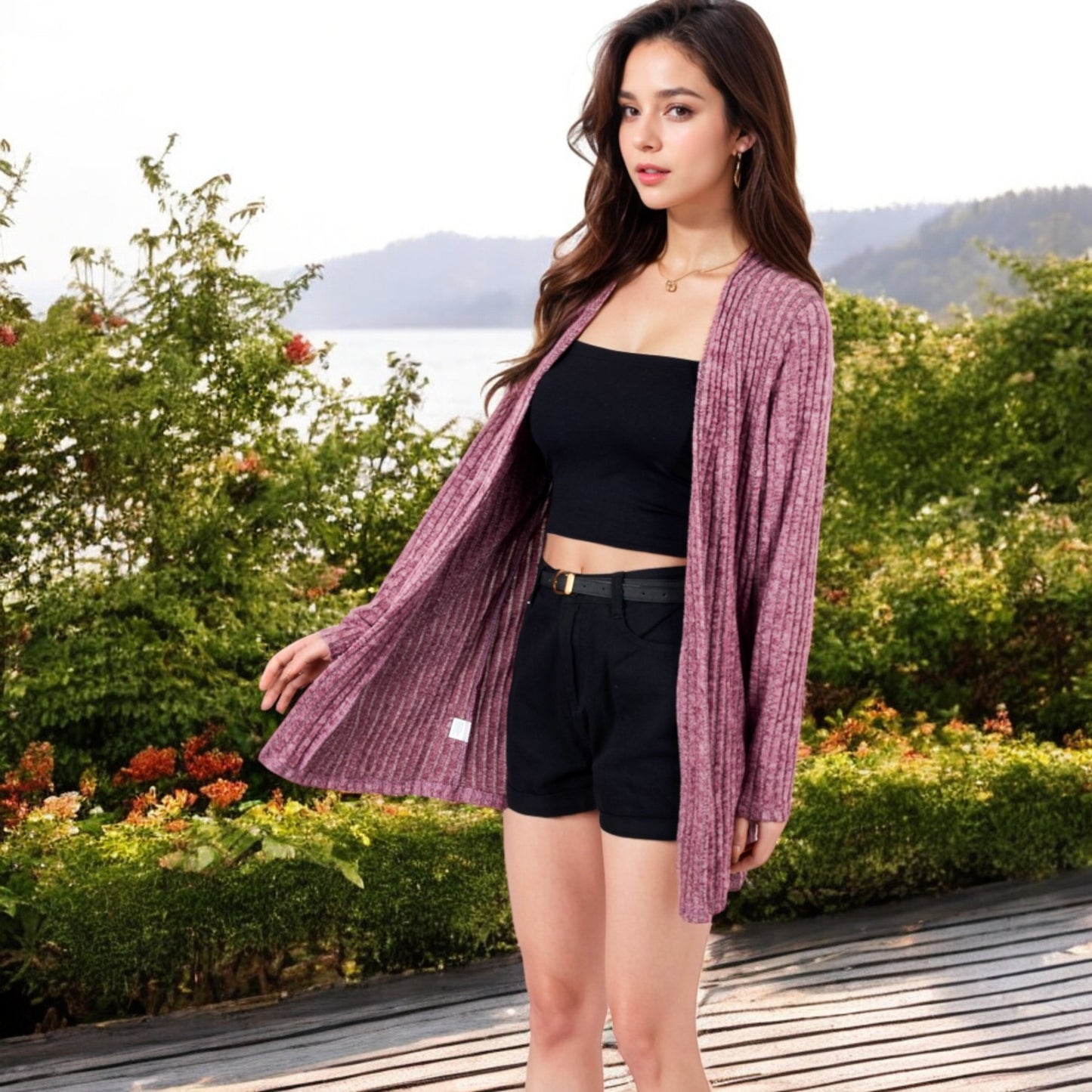 Anna-Kaci Women's Ribbed Open Front Cardigan with Long Sleeves and Side Pockets