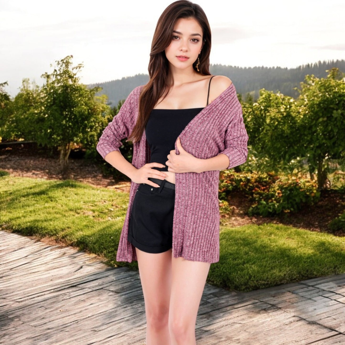 Anna-Kaci Women's Ribbed Open Front Cardigan with Long Sleeves and Side Pockets