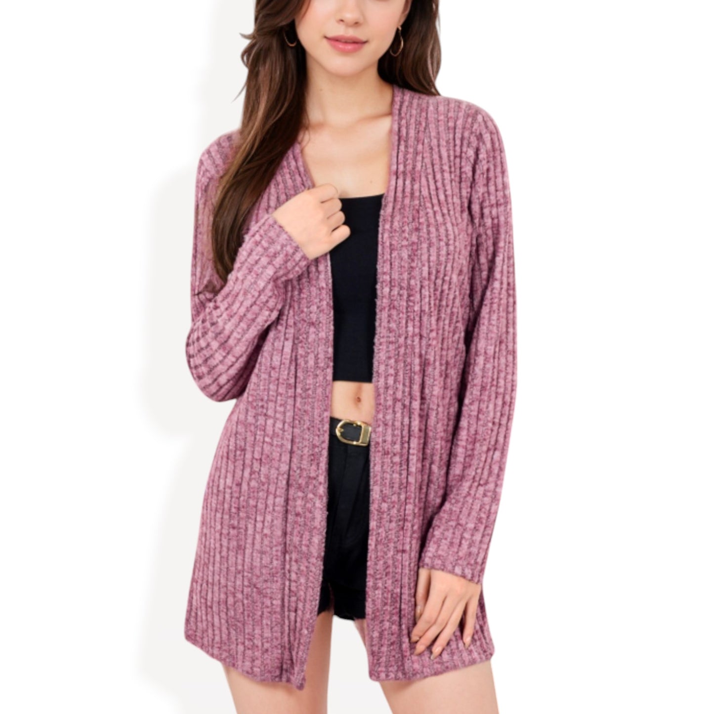 Anna-Kaci Women's Ribbed Open Front Cardigan with Long Sleeves and Side Pockets
