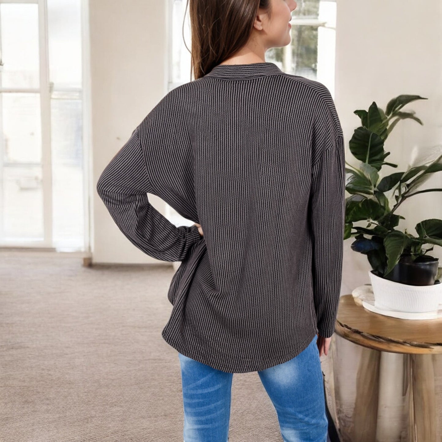 Anna-Kaci Women's Long Sleeve Button-Up Shirt with Chest Pockets and Textured Fabric
