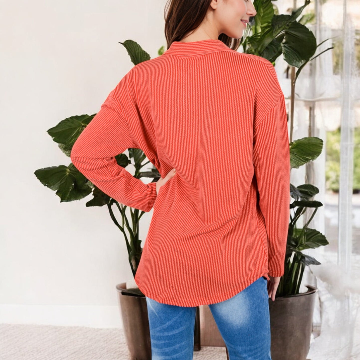 Anna-Kaci Women's Long Sleeve Button-Up Shirt with Chest Pockets and Textured Fabric