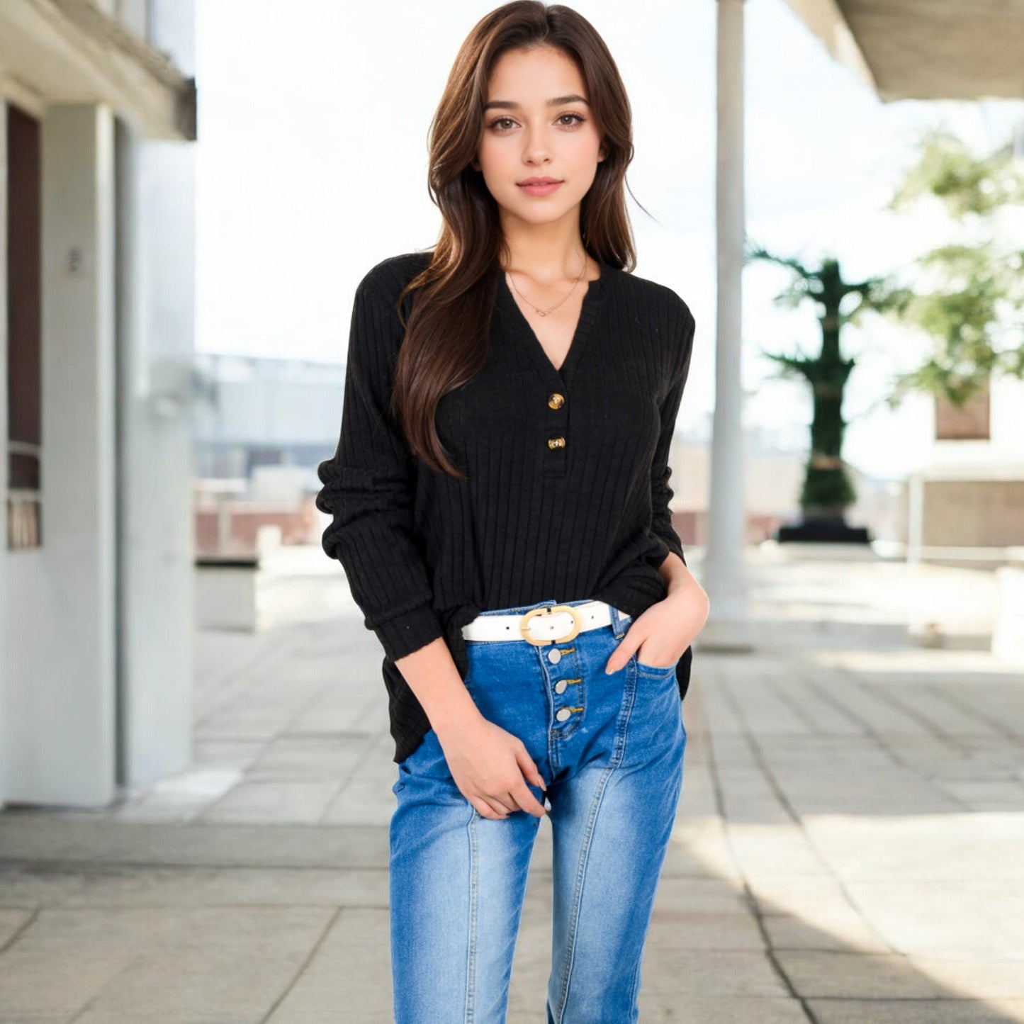 Anna-Kaci Women's V-Neck Ribbed Knit Long Sleeve Top with Button Detail