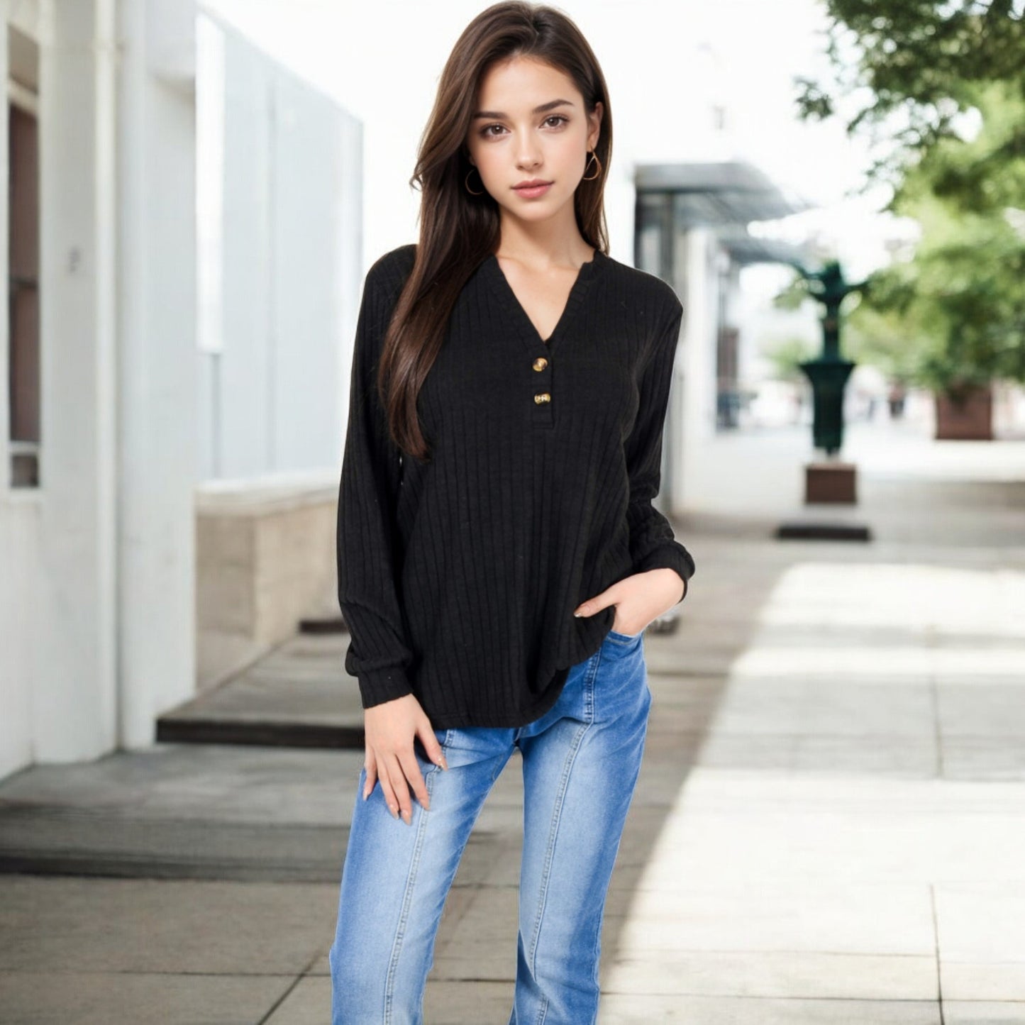 Anna-Kaci Women's V-Neck Ribbed Knit Long Sleeve Top with Button Detail
