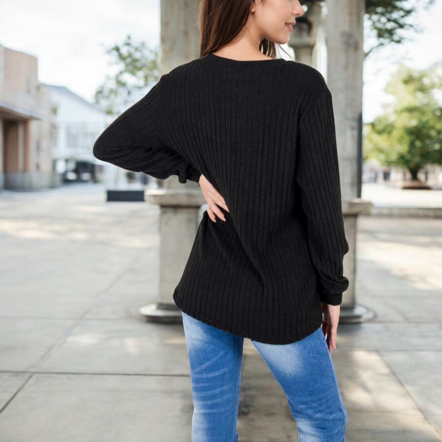 Anna-Kaci Women's V-Neck Ribbed Knit Long Sleeve Top with Button Detail