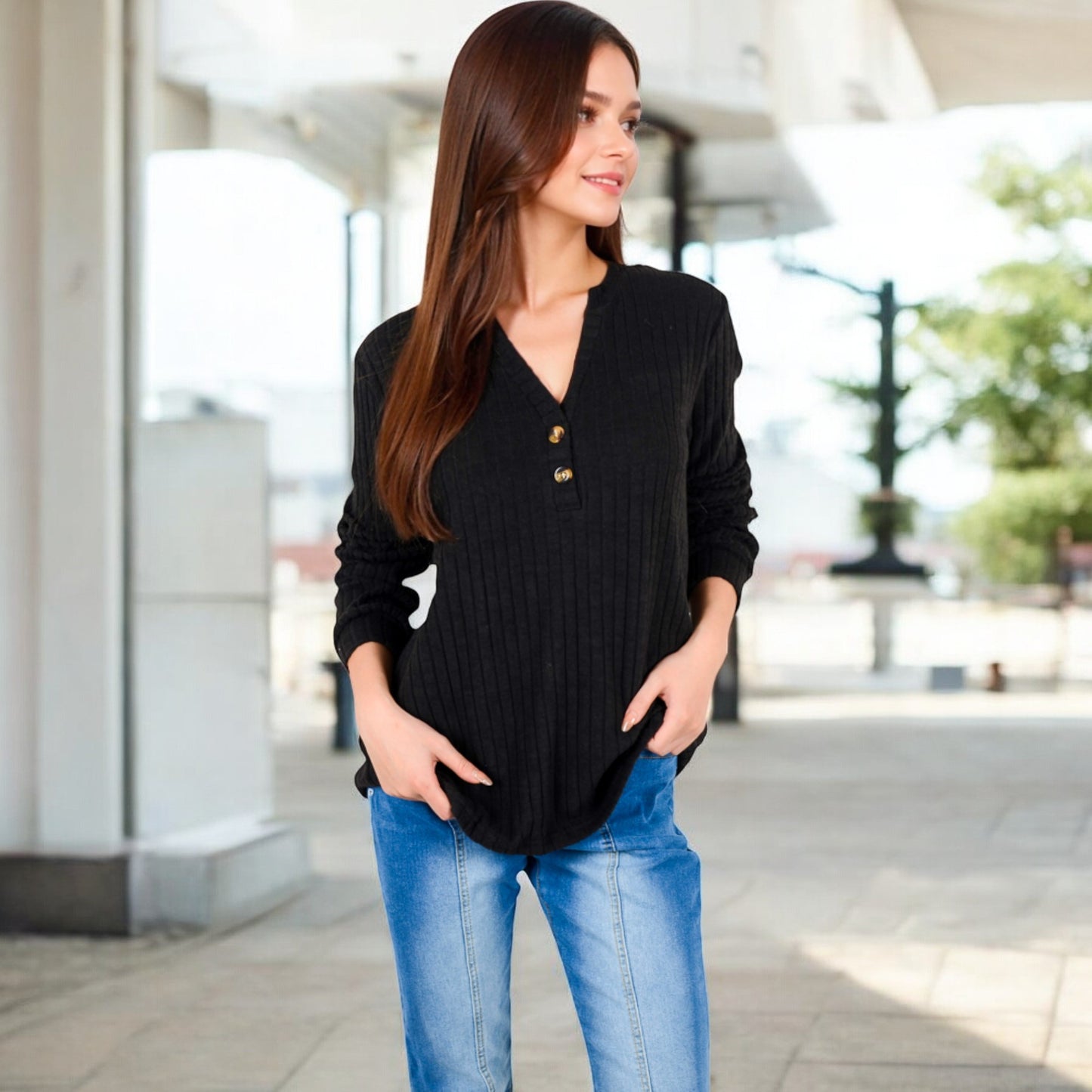 Anna-Kaci Women's V-Neck Ribbed Knit Long Sleeve Top with Button Detail