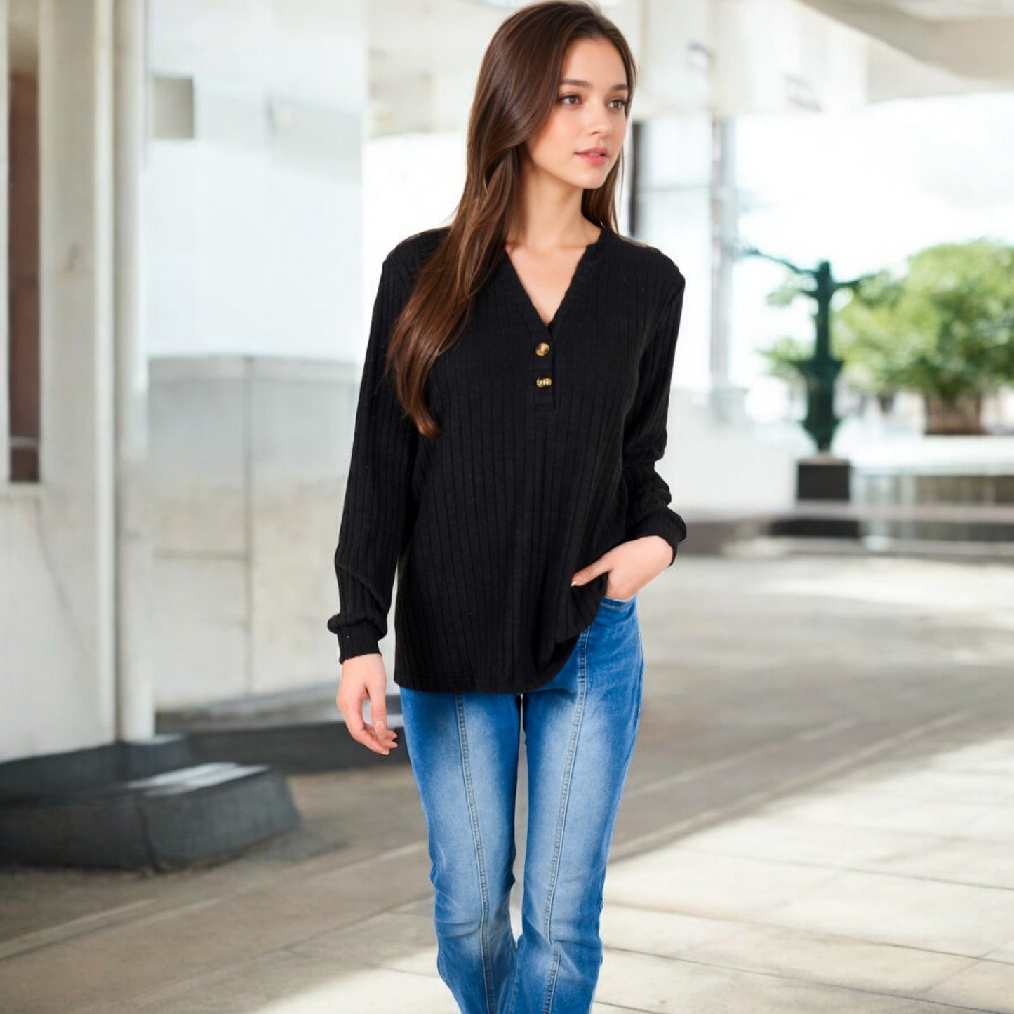 Anna-Kaci Women's V-Neck Ribbed Knit Long Sleeve Top with Button Detail