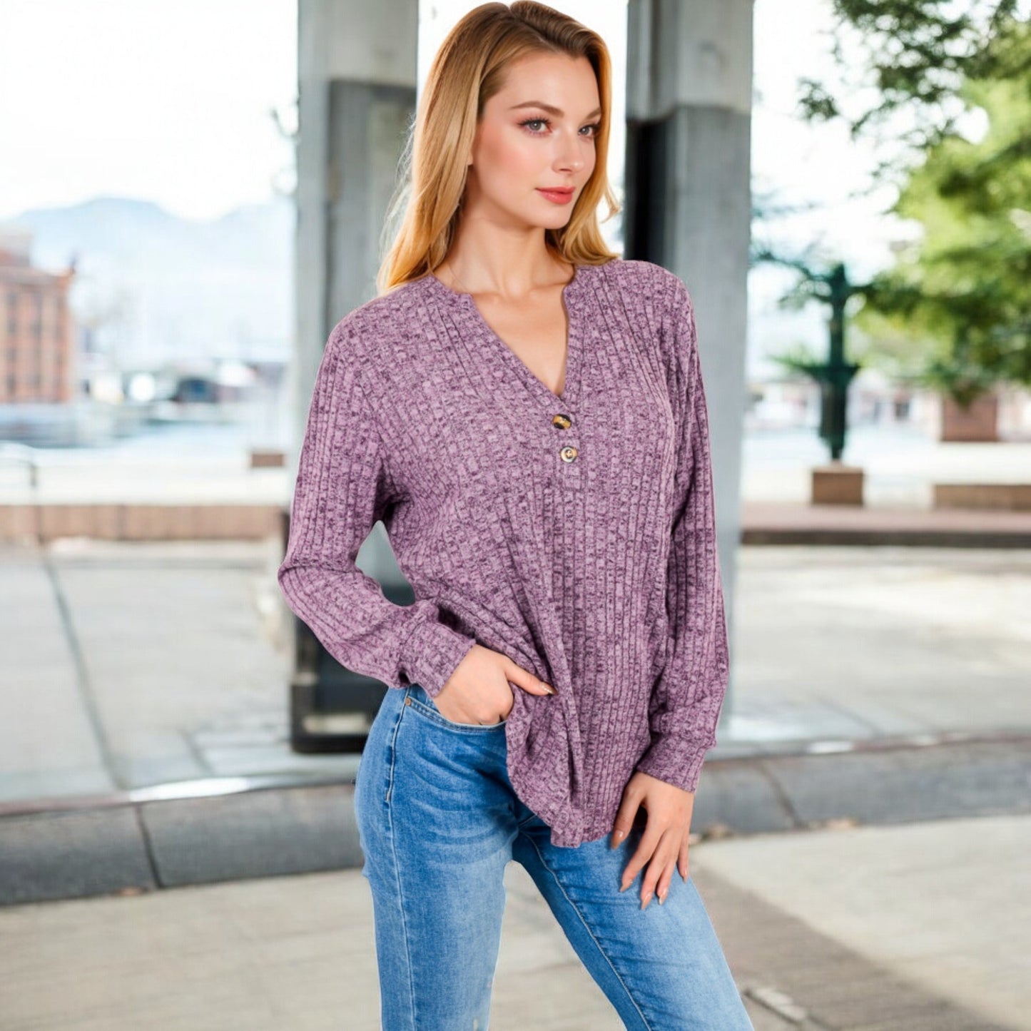 Anna-Kaci Women's V-Neck Ribbed Knit Long Sleeve Top with Button Detail