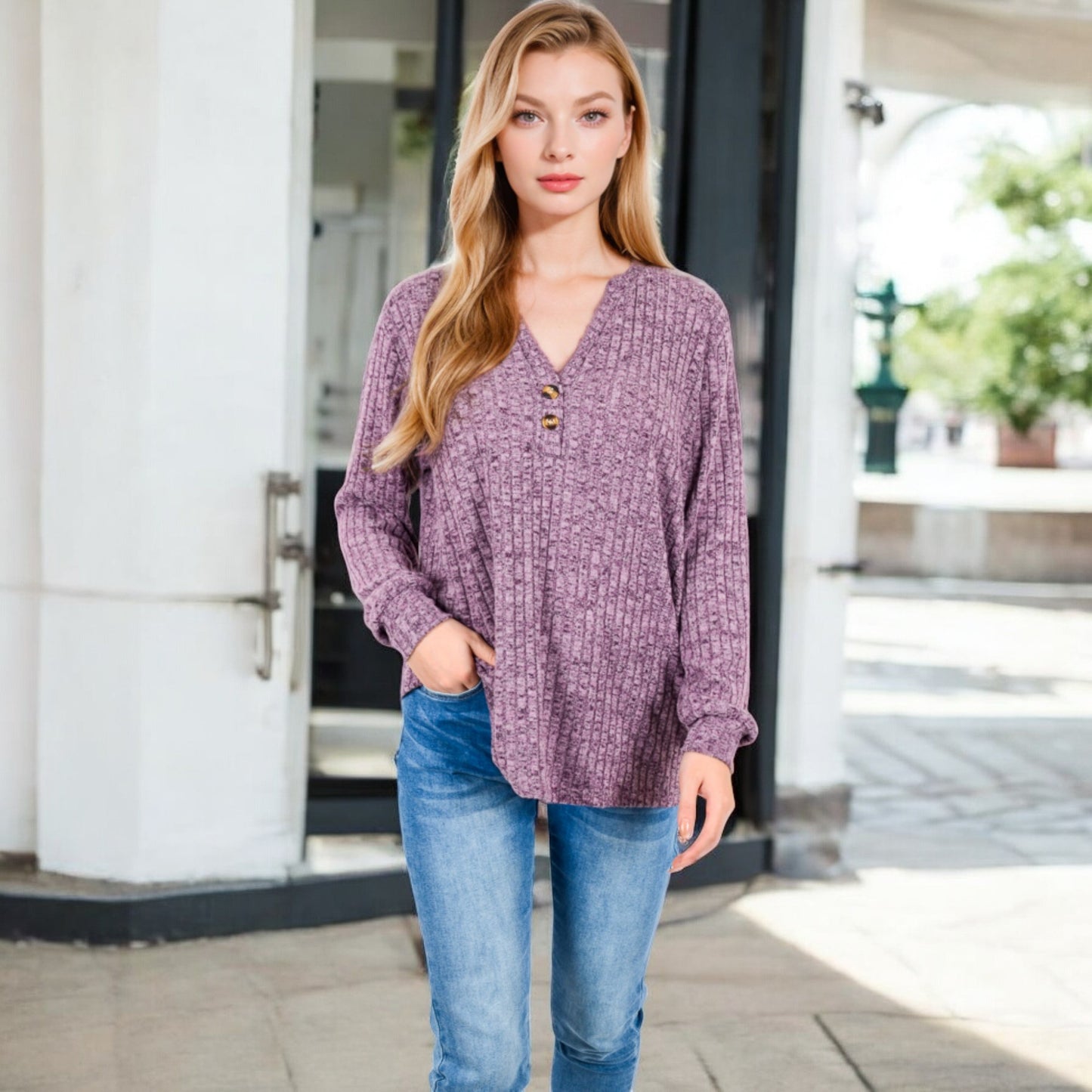 Anna-Kaci Women's V-Neck Ribbed Knit Long Sleeve Top with Button Detail