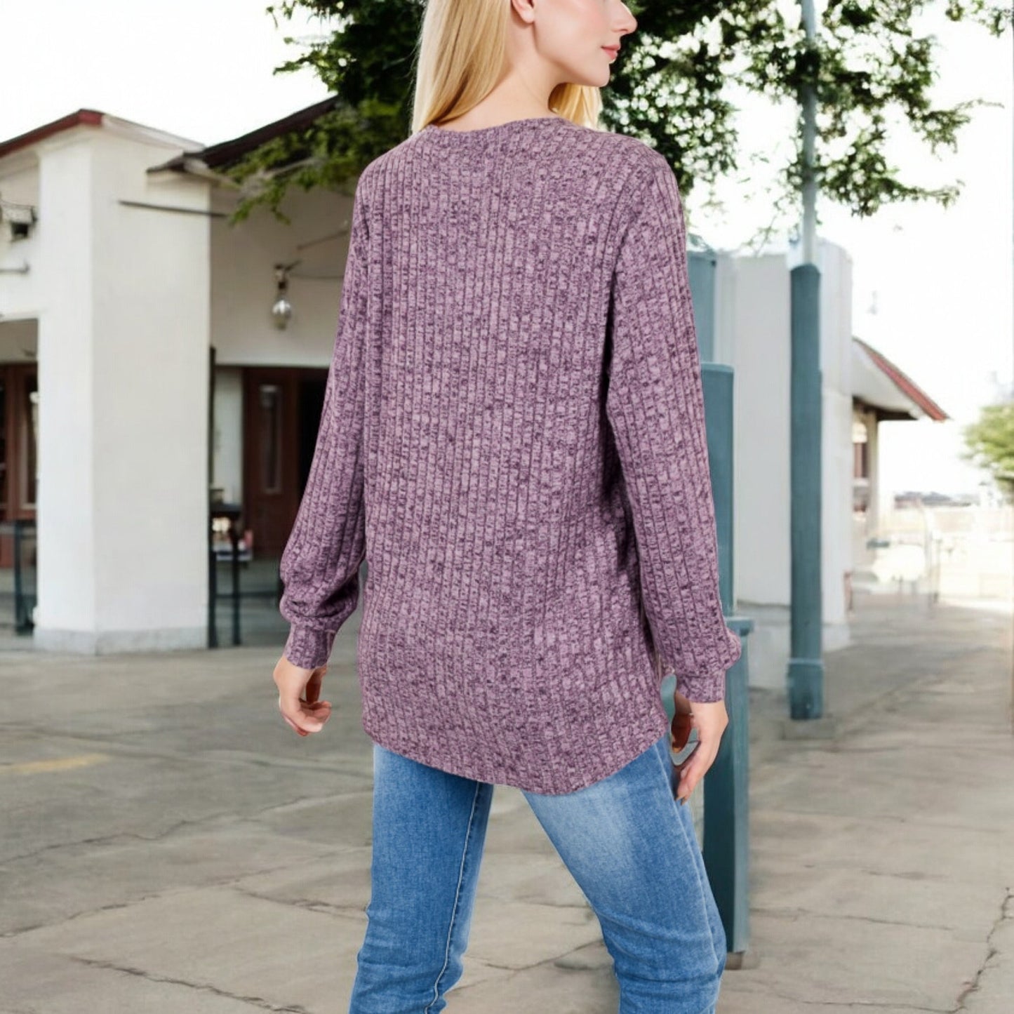 Anna-Kaci Women's V-Neck Ribbed Knit Long Sleeve Top with Button Detail